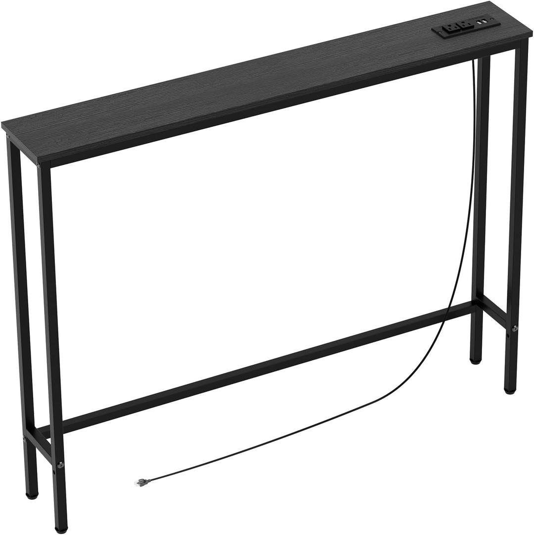 Aduanbang 5.9" Console Table with Outlet – Narrow Sofa Table, Behind Couch Table for Living Room & Hallway, 5.9" x 39.4" x 30", Metal Frame, Rustic Brown