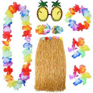 Elcoho 8 Pieces Grass Skirt Sunglasses Leis Necklace Bracelet Set Luau Decorations for Kids and Adults