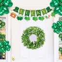 Small Mini St Patricks Day Wreath 16 Green Shamrock Clover Wreaths for Front Door with White Flowers, Small St. Patricks Day Spring Summer Door Decorations Indoor Outdoor