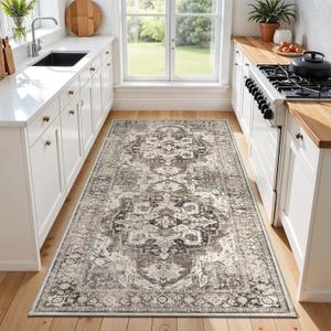 YOUFORTONG 3x6 Washable Kitchen Runner: Soft Hallway Runners Non-Slip Floor Mat with Rubber Backing for Bedroom Entryway Indoor Vintage Carpet Runner (Beige/Brown/Grey, 3x6)