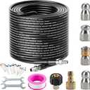 Sewer Jetter Kit for Pressure Washer 100FTDrain Cleaner Hose 1/4 Inch NPT Corner, Rotating and Button Nose Sewer Jetting Nozzle Kit Waterproof Tape Pearl Corsage Pin and Spanners5800PSI