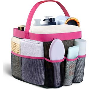 Attmu Mesh Shower Caddy Portable for College Dorm Room Essentials with 8 Pockets, Hanging Shower Caddy Dorm Basket, Quick Dry Shower Bag for Bathroom (Pink)