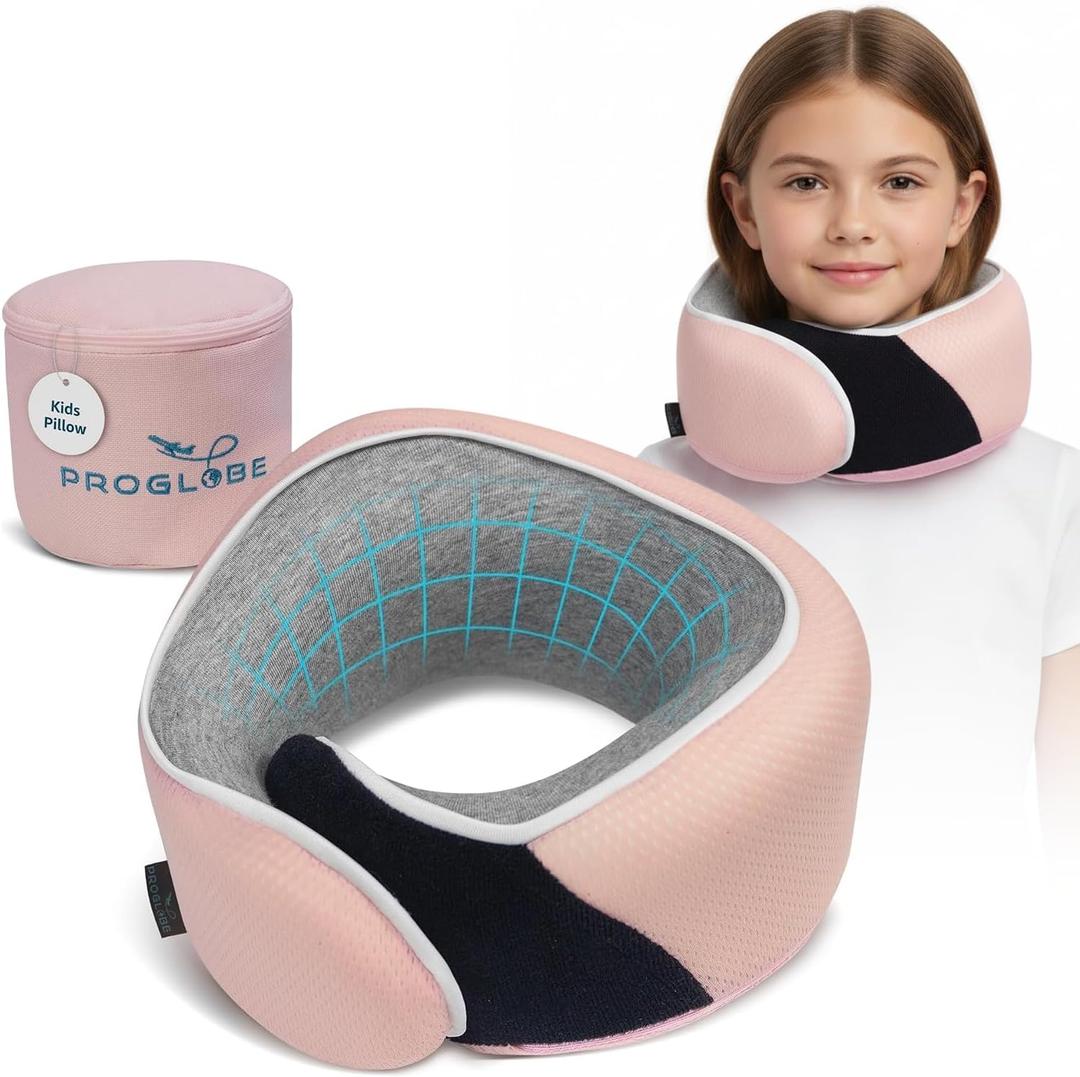 Proglobe Junior Kids Travel Neck Pillow - Ergonomic Memory Foam Pillow for Airplane, Car, Booster Seat - Soft, Washable, Compact Travel Pillow with Strap - Light Pink - Ages 4-13