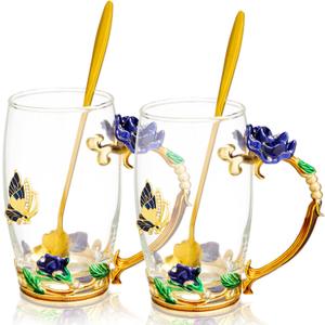 Tioncy 2 Sets Gifts for Mom Birthday Gifts for Mom Women Enamel Flower Glass Tea Cup with Spoon Enamel Glass Coffee Mugs for Wife Sister Grandma, Mother's Day Graduation Retire Gifts(Blue)