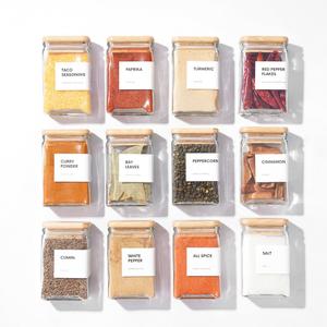 APT 1101 Glass Square Spice Jars with Labels, 4oz Glass Jars with Bamboo Lids, Spice Bottles, Seasoning Organizer, 12 Pack (White)