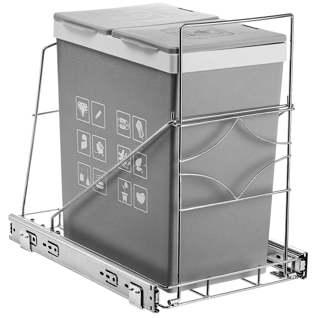 Youeon Pull Out Trash Can Under Cabinet, Adjustable Stainless Steel Under Sink Trash Can Pull Out, Slide Out Garbage Shelf, Fit for 7-11 Gallon Trash Can(Not Included)