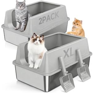2 Pack XL Stainless Steel Litter Box with High Sides Shield for Multi Cat, Extra Large Tall Wall Open Top Deep Metal Pan for Big Cats, Anti-Leak Non-Stick Odor Control, 2 Scoops Included, Gray