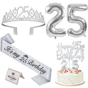 25th Birthday Decorations for Women Silver with 25th Birthday Sash and Crown, Cake Topper and Candles, Number Balloons, 25 Year Old Gifts for Women, Silver Party Decor Supplies