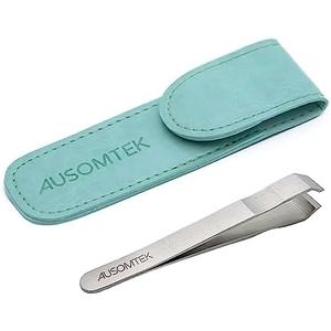 AUSOMTEK Beard & Hair Plucking Tweezers, Fine Eyebrow Tool, Stainless Steel, 10mm Tip, Anti-Slip Slot Design, Cyan PU Case