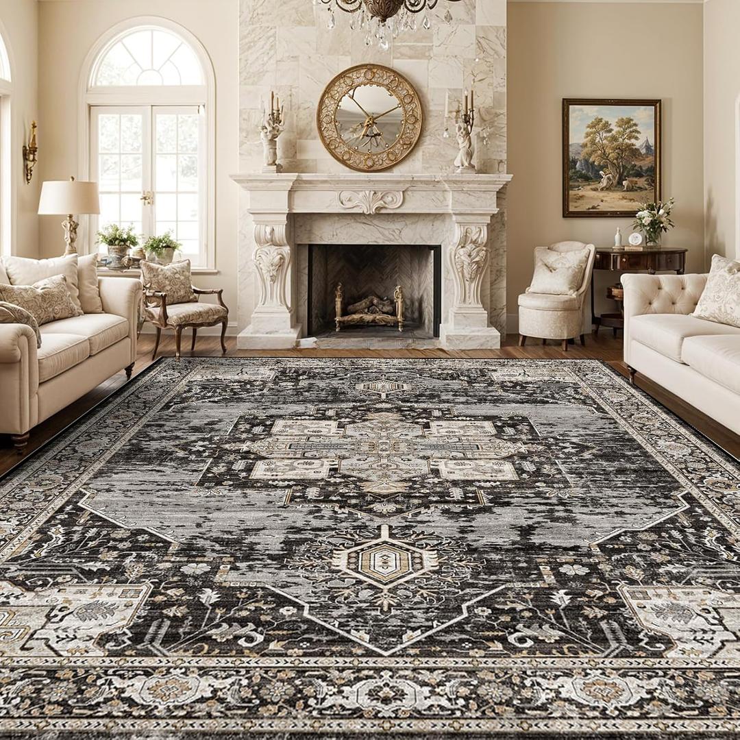 RUUGME Washable 10x14 Area Rug - Soft Area Rugs for Living Room Stain Resistant Carpet Vintage Lightweight Rugs for Bedroom with Non Slip Backing Indoor Ultra-Thin Rugs Home Decor 10x14 Black