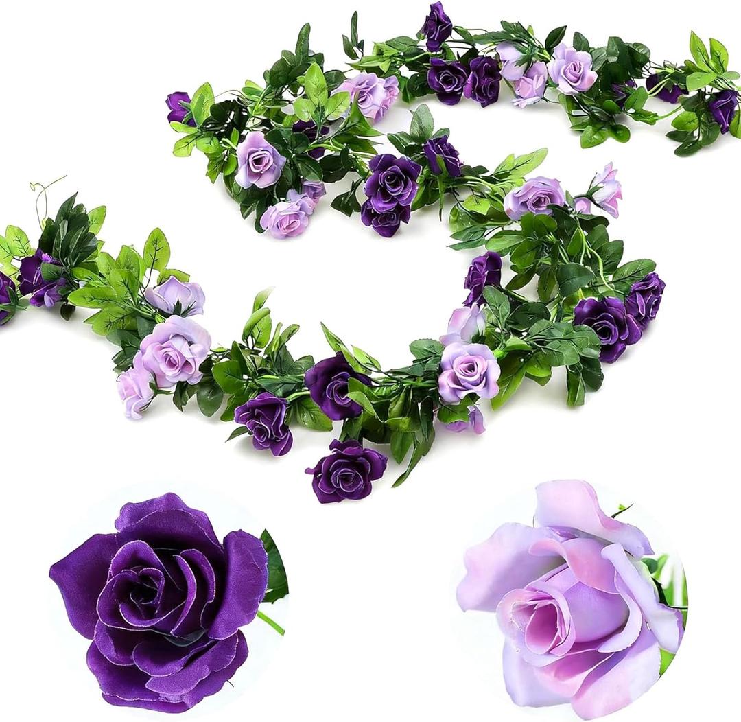 Veryhome 3PCS 23.7FT Artificial Purple Rose Flower Garland, Silk Hanging Floral Garland, Decorative Flower Vines for Room Decor Wedding Arch Flowers for Ceremony (Purple)