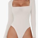QINSEN Women's Sexy Square Neck Bodysuit Long Sleeve Double Lined Shirt Tops Biege, Extra Large, White
