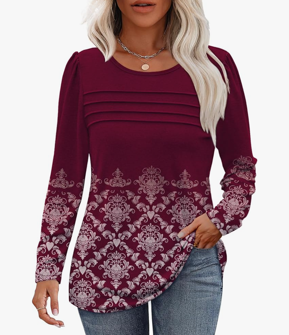 OFEEFAN Long Sleeve Shirts for Women Fall Fashion 2025 Dressy Casual Blouses Trendy Pleated Tunic Tops for Leggings.XL