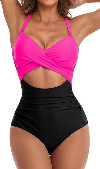 Eomenie Women's One Piece Swimsuits Tummy Control Cutout High Waisted Bathing Suit Wrap Tie Back 1 Piece Swimsuit Black-Pink XL