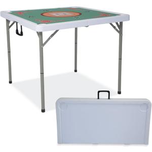 35" Square Mahjong Table, 4 Player Portable Folding Card Table with Green Tabletop & 4 Cup Holders, Durable HDPE Material, Removable Legs for Easy Storage, White