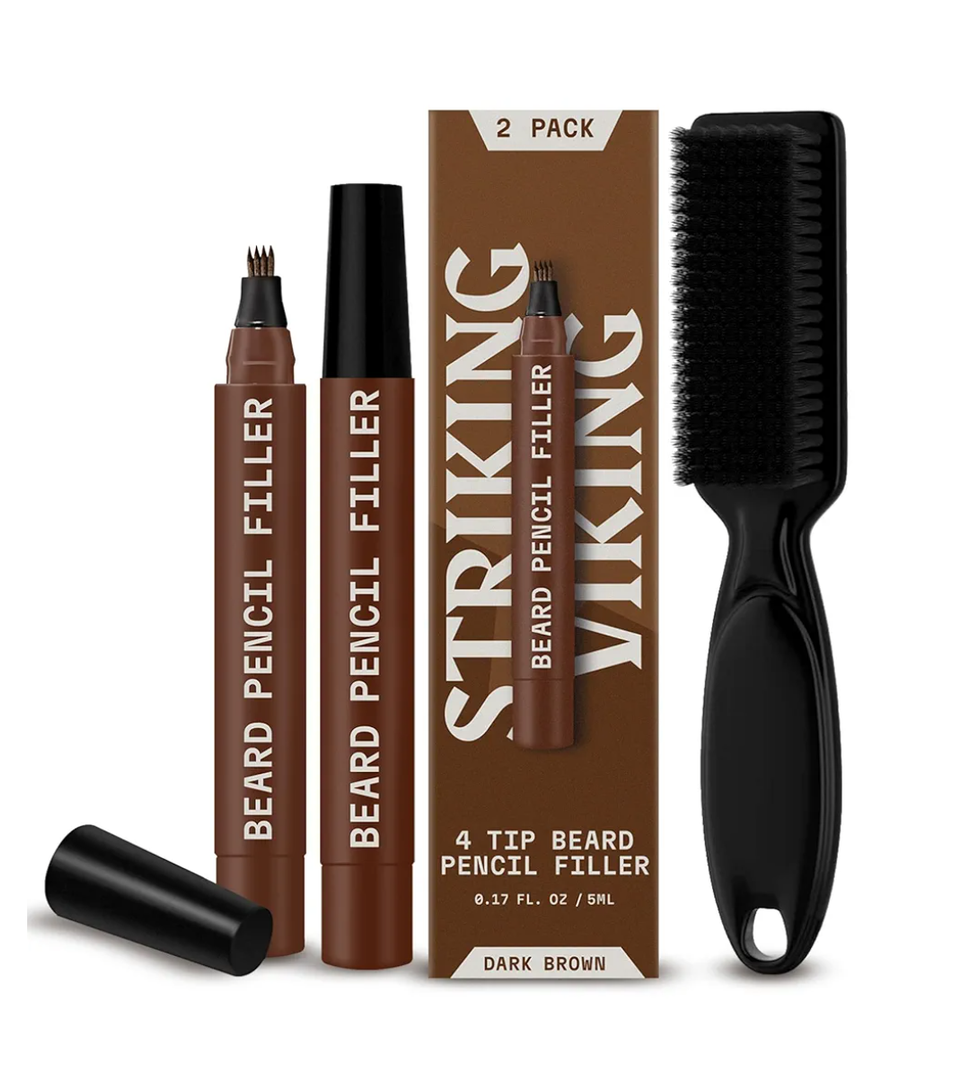 Striking Viking 2 Pack Beard Pencil Filler for Men with 4 Tips - Waterproof Formula Facial Hair Filling Kit with Brush Beard Filler Pen Kit - Dark Brown