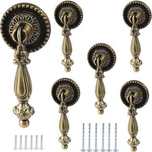 6 pack Antique Style Tear Drop Pulls - Vintage Cabinet Decorative Pull Handle Knob for Drawer, Dresser, Wardrobe - Bronze