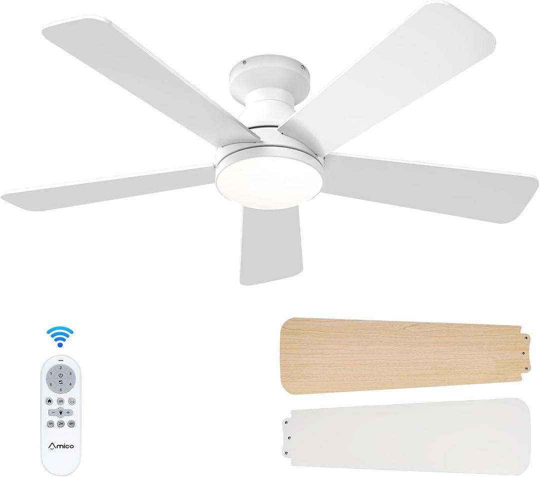 Amico Ceiling Fans with Lights, 42 Inch Low Profile Ceiling Fan with Light and Remote Control, Flush Mount, Reversible, 3CCT, Dimmable, Quiet, White Small Ceiling Fan for Bedroom Outdoor/Indoor Use