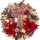 Pre-Lit Christmas Wreath for Front Door, 24 Inch Large Lighted Wreath with Xmas Balls, Artificial Flower & Bow, Battery Operated Christmas Wreath for Fireplace Window Wall Decor, Red & White