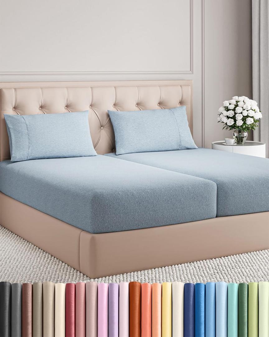 Split King Size 5 Piece Sheet Set - Comfy Breathable & Cooling Sheets - Hotel Luxury Bed Sheets for Women & Men - Deep Pockets, Easy-Fit, Soft & Wrinkle Free Sheets - Heathered Blue Oeko-Tex Sheets