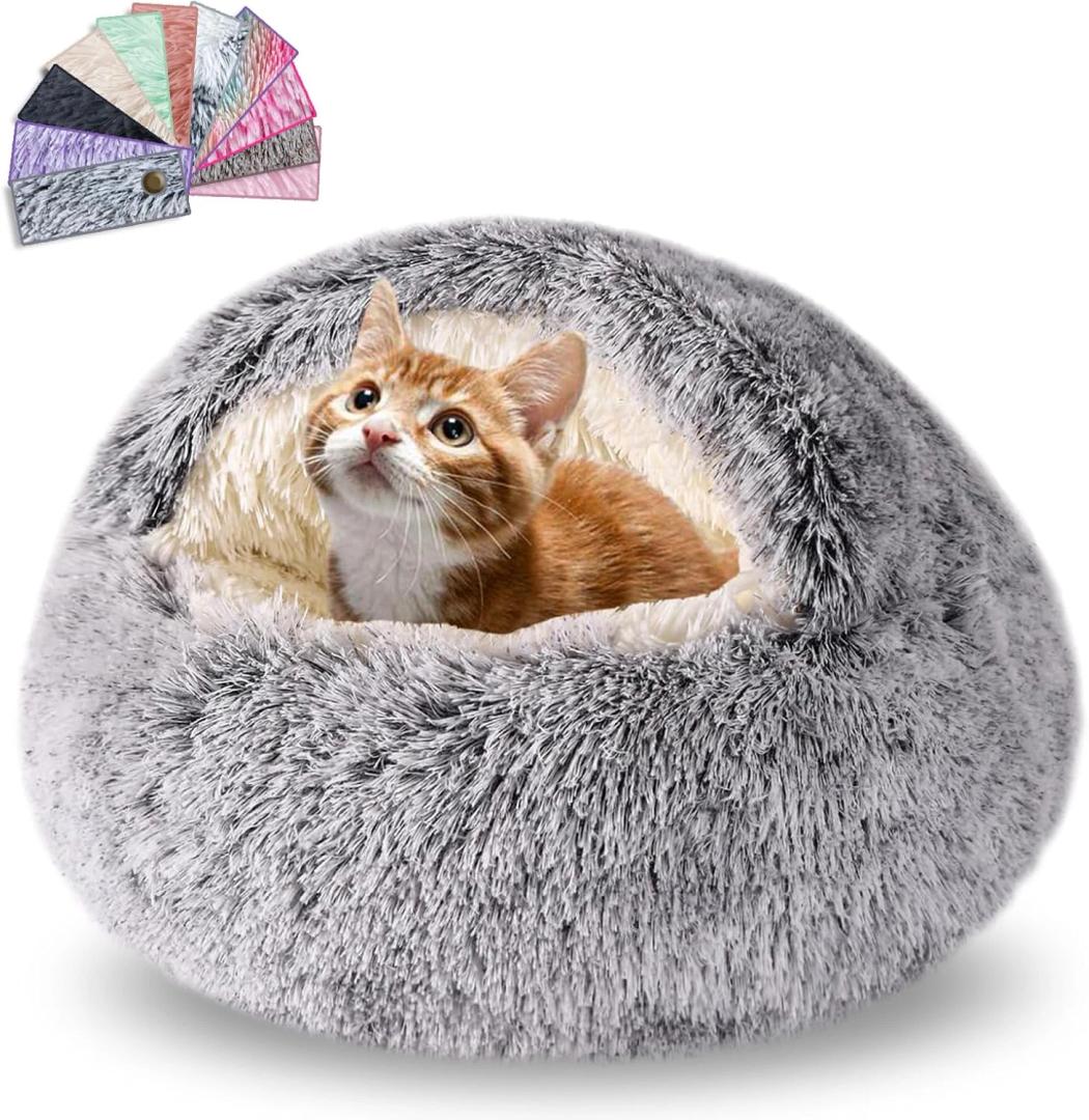 Cat Beds for Indoor Cats,Cat Cave for Puppy and Kitty,Calming Small Dog Bed for Small Dogs with Cover Cave,Cozy Warming Fluffy Washable Anti-Slip Pet Sleeping Bag(20 * 20inch,Dark Gray)