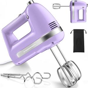 Electric Hand Mixer, Powerful 300W Hand Mixer Electric Handheld with 304 Beaters, Dough Hook,Hand Held Mixer with Turbo for Baking Cakes, Eggs, Cream Food(Purple)