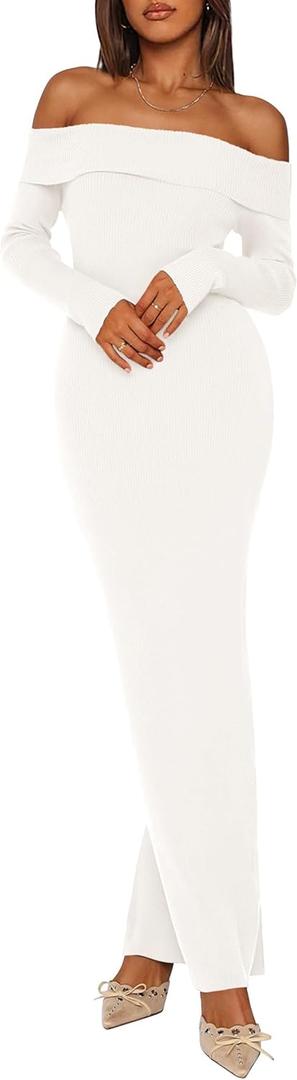 PRETTYGARDEN Women's Winter Sweater Dress Long Sleeve Off Shoulder Slit Maxi Bodycon Cocktail Party Dresses (Large, White)