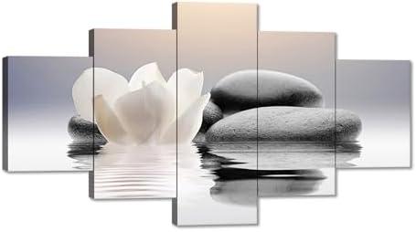YIOZHAOFH Zen Canvas Wall Art-2 Pieces Lotus Bloom in Lake with Spa Stone Prints Picture for Yoga Meditation Room Zen Office Bathroom Pictures Wall Decor Modern Framed (60"" x 32""), YZ-Lotus02-5P03