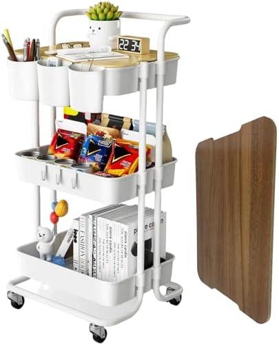 3 Tier Rolling Cart with Metal Handle, Table Top, Hanging Cups, Hooks, Plastic Storage Baskets& Wheels Lockable, Utility Cart for Bathroom Classroom Office Kitchen Pantry Organizers and Storage, White