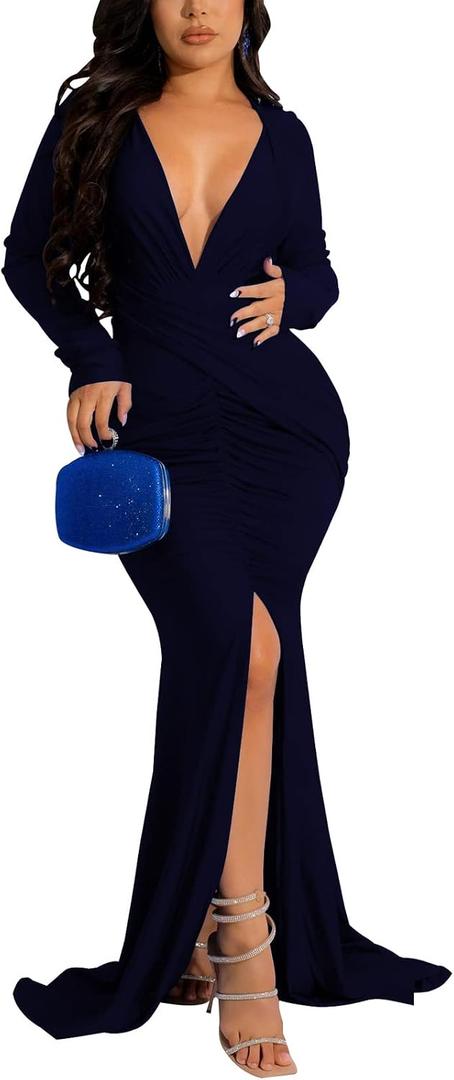 Women's Elegant Formal Mermaid Maxi Dress Off Shoulder Long Sleeve Wedding Split Evening Gown Prom Cocktail Party Dresses (Blue, L)