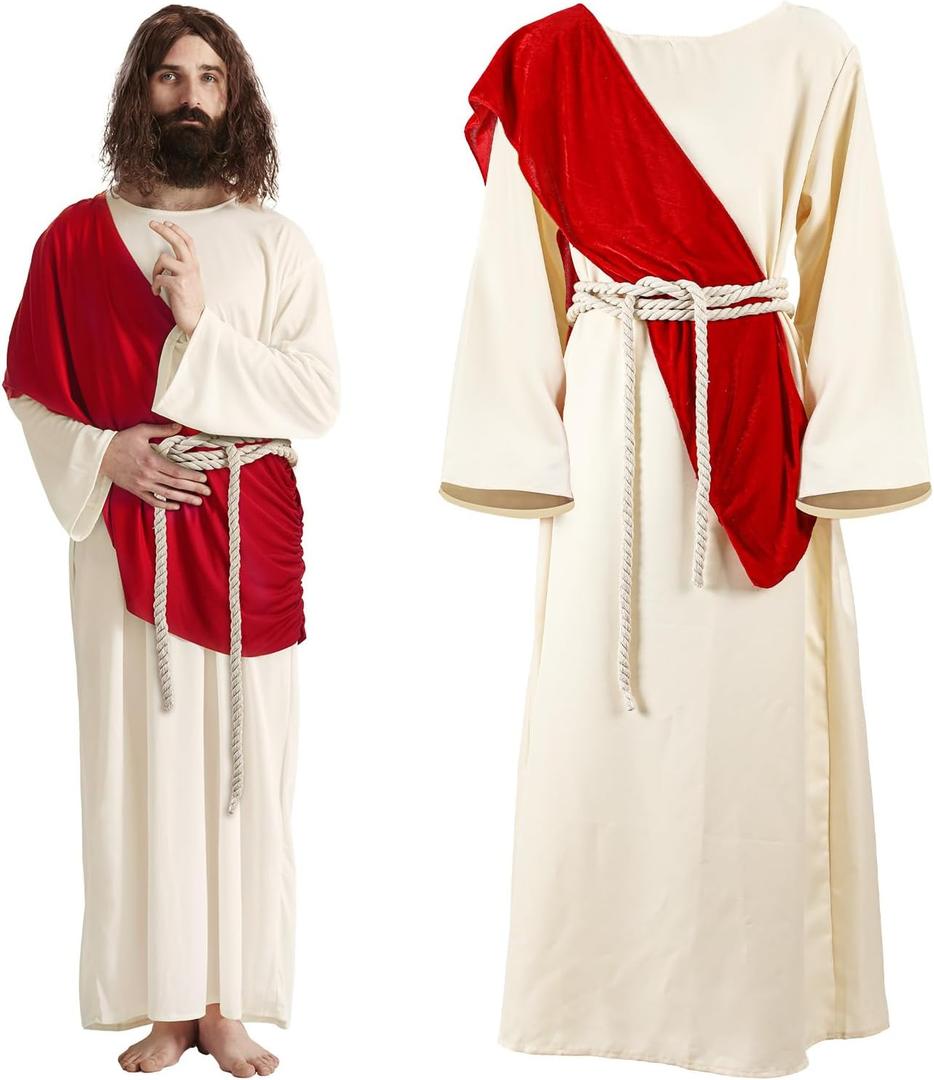 Jesus Costume Adult Men Biblical Christ Robe Saint Religious Outfit Scarf Waist Rope for Halloween Easter Cosplay