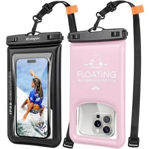 Waterproof Phone Pouch Floating 2 Pack, IP68 Waterproof Phone Case with Lanyard for iPhone 17 16 15 Pro Max, Galaxy S26 Ultra, Touch Screen, Cell Phone Dry Bag for Beach Cruise Essentials, Up to 8.5" (Black + Pink)