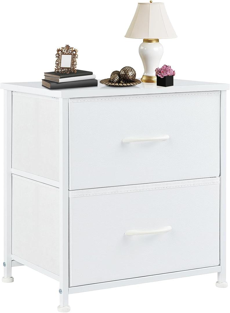 DUMOS Nightstand Small Dresser with 2 Fabric Drawers Side Tables Bedroom End Table Kids Bedside Storage Furniture for 20 inch Tall Night Stand for Closet, Entryway, College Dorm, White