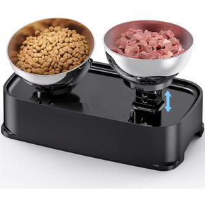 Elevated Cat Bowls, 15 Tilted in Both Way & 4 Height Adjustable Raised Cat Food Bowl, Cats Dish for Food and Water with 2 Stainless Steel Bowls, Anti Vomiting for Cats Puppy, Non-Slip No Spill (Black)