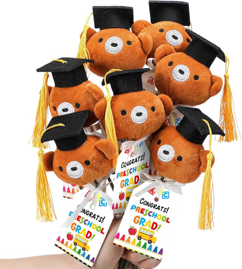 WinnerWhy 12 Sets Preschool Graduation Gifts Bear Bouquet with Card Mini Graduation Bears End of The School Gifts for Kids Students 2026 Grad Party Table Decor Keepsake Photo Props Vase Filler
