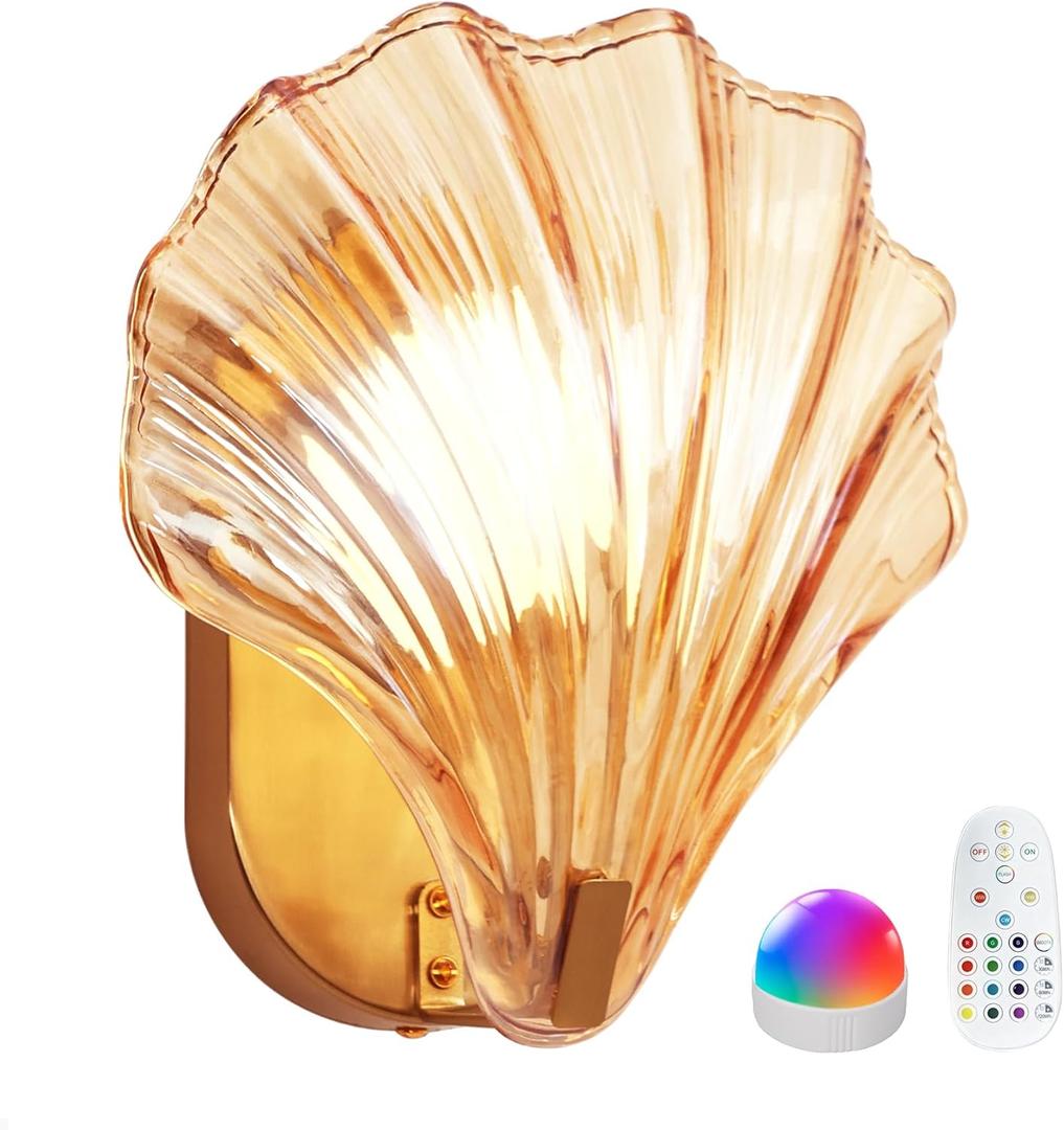 Vintage Battery Operated Wall Sconces with Remote, Amber Rechargeable Wireless Wall Sconces with Magnetic LED Bulbs, Indoor Shell Shaped Wall Lights for Living Room, Bedroom, Bedside, Doorway (1-Pack)