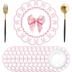 50 Pcs Pink Bow Paper Placemats 13.4 Inch Round Decorative Pink Bow Place Table Mats Disposable Placemats Mats for Table Setting for Bachelorette Bridal Shower Wedding Birthday Party Supplies
