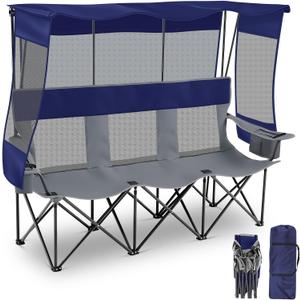 Teenyyou 3 Person Camping Chair with Canopy Shade Oversized Folding Beach Couch Style Camping Sofa Portable Outdoor Lawn Seat Tailgate Chair with Umbrella for Beach Sport Sideline Backyard Festival