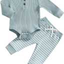 Newborn Baby Boy Girl Clothes Ribbed Knitted Long Sleeve Romper Pants Solid Cotton Infant Fall Winter Outfits 2Pcs (6-9 Months, Blue)