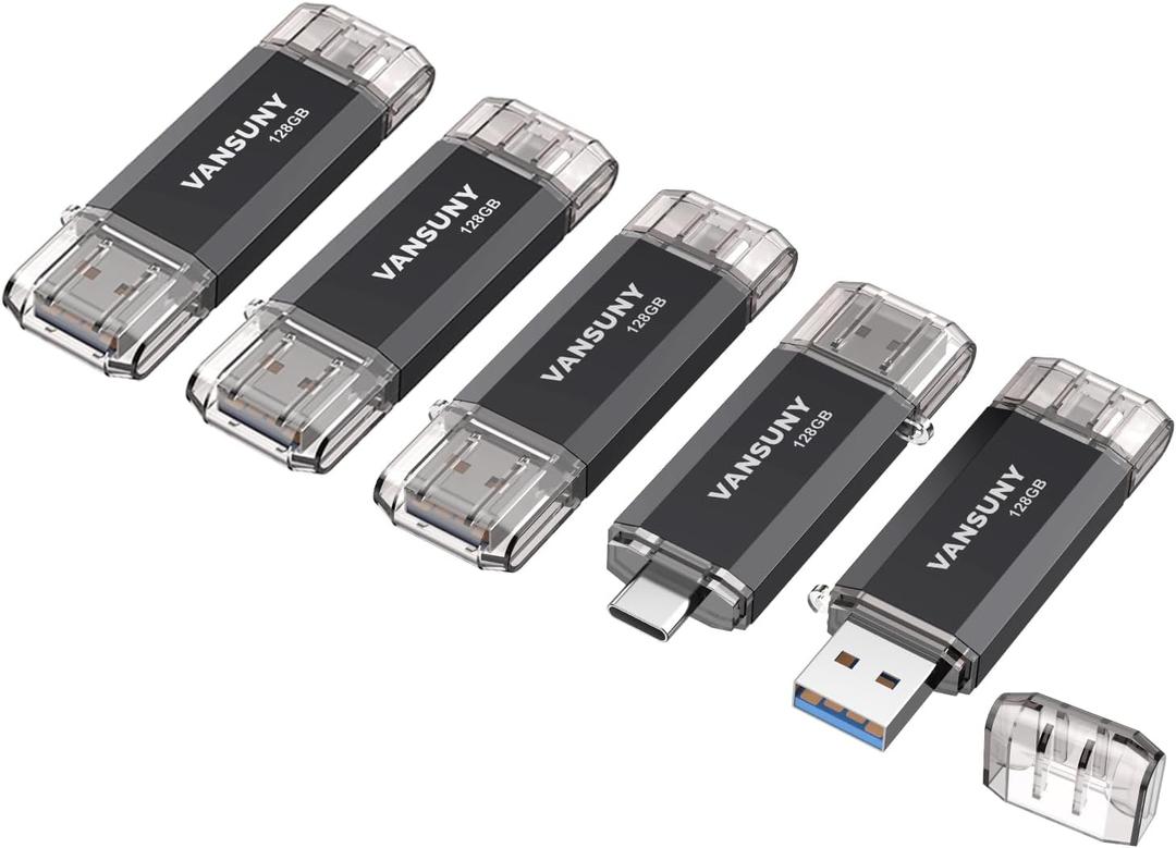 Vansuny 5 Pack 128GB USB C Flash Drive 2 in 1 OTG USB 3.0+USB C Memory Stick with Keychain Thumb Drive Photo Stick Jump Drive for Android Smartphones, Computers, MacBook, Tablets, PC