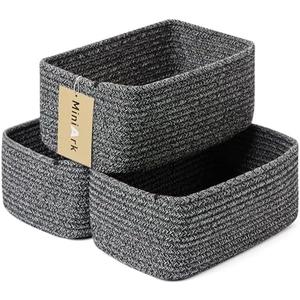 MiniArk Small Storage Baskets for Organizing | Closet Organizer Bins | Shelf Toy Basket | Woven Rope Baskets | Cube Decorative Box | Shallow Basket | 11.5x7.5x4.7” | 3 Packs Dark Gray