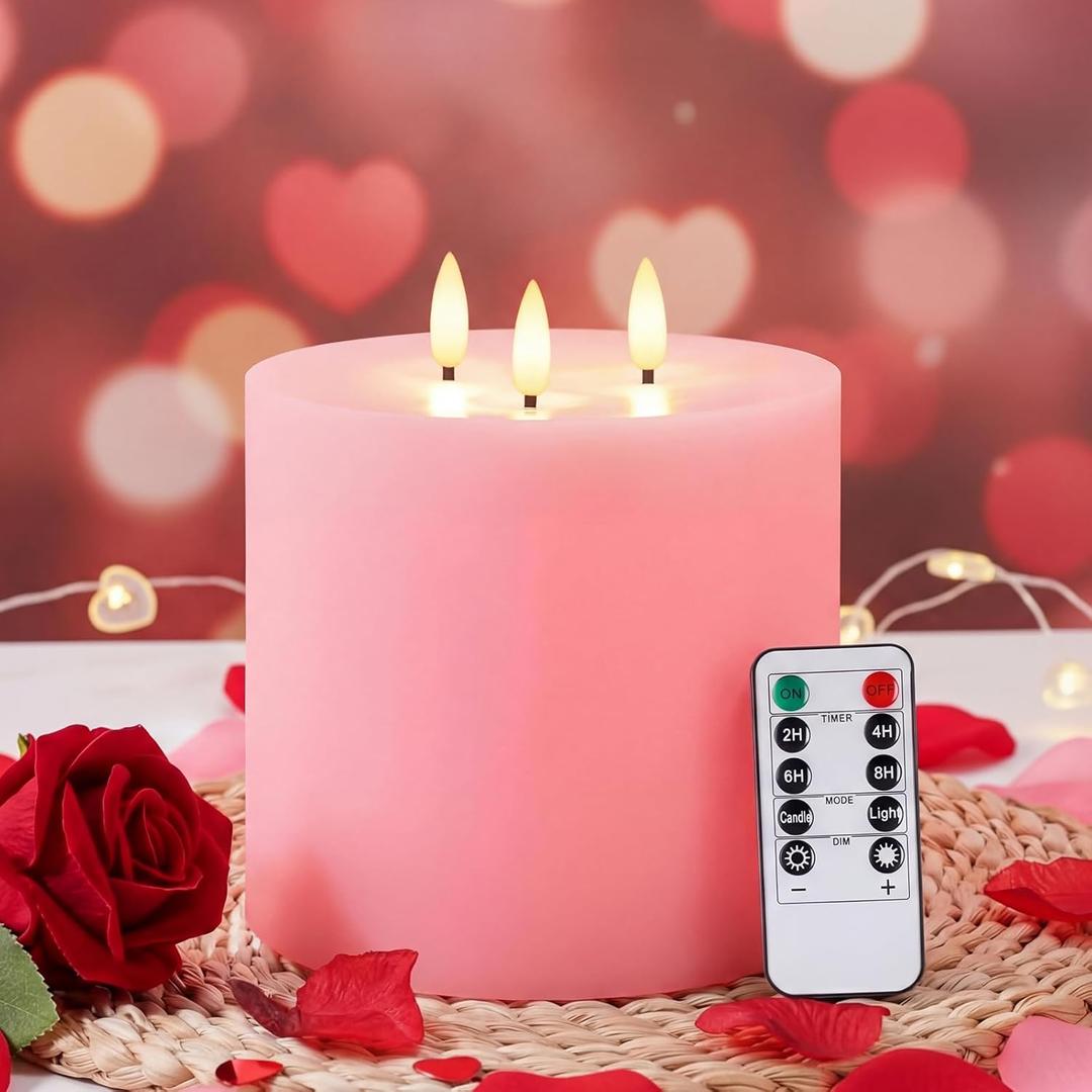 Retisee Valentine's Day Pink Extra Large Flameless Candles 6'' x 6'' LED Battery Operated Real Wax 3 Wicks Flickering Pillar Candle with Remote Control Timer for Home Wedding Party Decoration