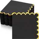 Janlaugh 50 Pcs Scalloped Cocktail Napkins with Gold Foil Edge Thick Paper Disposable Napkins Pastel Party Beverage for Wedding Dinner Birthday Party(Black,5 x 5 Inch)