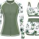 3 Piece Rash Guard for Women - Long Sleeve Swimsuits with Shorts SPF Zip up Swim Shirt with Built in Bra (X-Large, Green Palm Tree)