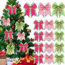 Janinka 12 Pcs Pink and Green Christmas Bows Decoration 6 Inch Large Bows for Christmas Tree Wreaths Gift Wrapping Garland Ribbons Ornaments Fireplace Front Door Staircase Decor Holiday Party Crafts