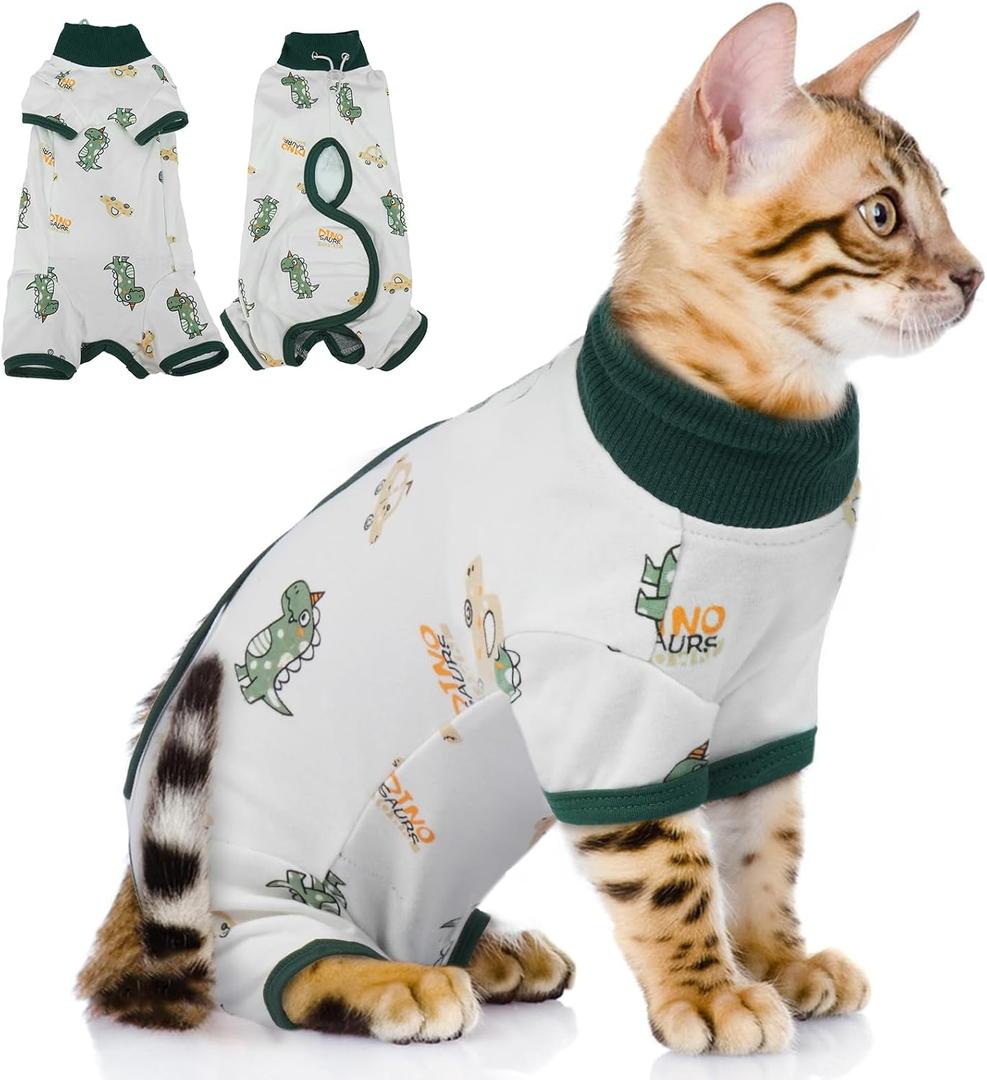 QBLEEV Cat Recovery Suit for Post Surgery, Spay Neuter Onesie for Cats | Soft stretchy cotton, anti-lick surgical shirt for skin diseases, pajamas for abdominal wound, kitten cone alternative, S-XL