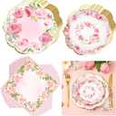 Tanlade 96 Pcs Pink Floral Plates and Napkins Serve 24, Disposable flower Paper Scalloped Dinner Plates 2 Ply Paper Napkins for Wedding Birthday Decorations Party Supplies