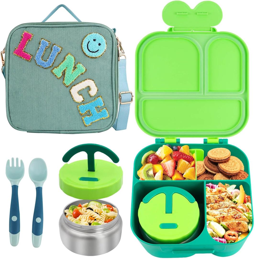 Lunch Box with Bento Box, with Leak Proof Thermo Food Jar, Preppy Corduroy Insulated Lunch Bag for Boys Girl Kids Teens School Travel Picnic (Green)