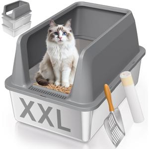 Stainless Steel Sifting Litter Box with Lid, High Sides XXL Extra Large Sifting Cat Litter Box for Pine Pellets & Big Cats, Sifter Litter Pan System for Odor Control,Sifting Box Liners & Scoop