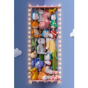 Corner Stuffed Animal Storage Net - Stuffed Animals Holder with Lights - Plush Toy Organizer Hanging Stuffed Animal Hammock with Adjustable Length for Kids Room Playroom Bedroom Nursery Decor (Standard, Pink)
